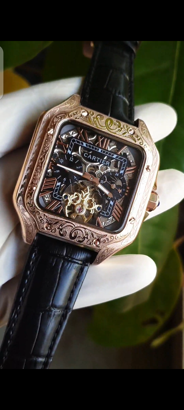 Cartier Santos De Cartier Skeleton Engraved Leather Straps Tourbillon Rose Gold Men's Watch