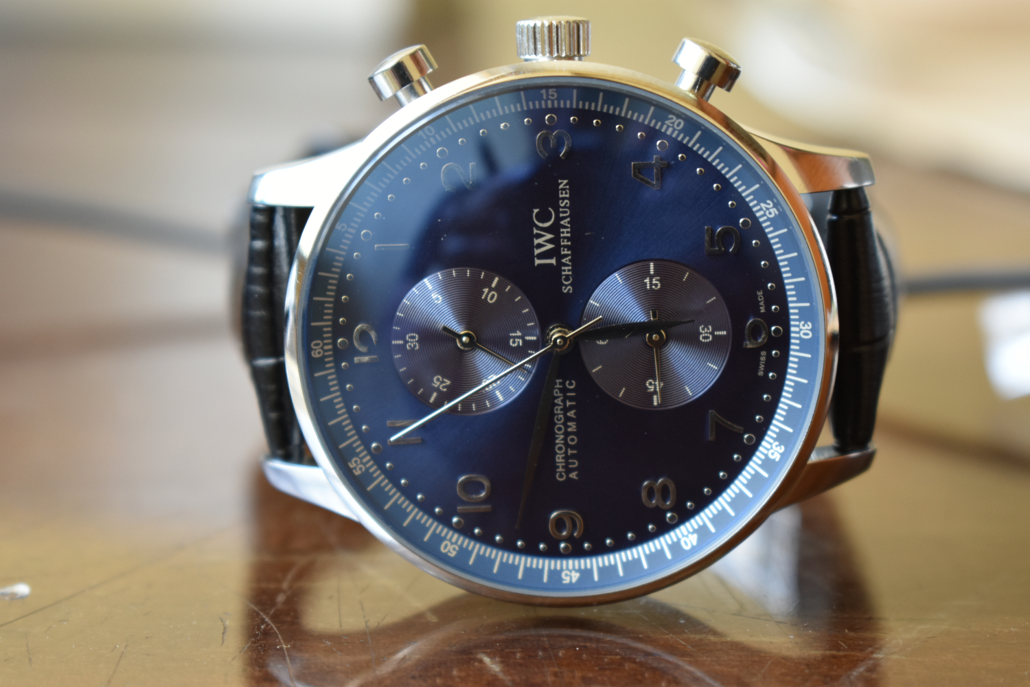 I W C Portuguese Chronograph Watch, Blue Dial Black Leather Strap I W 371615 for sale in Nairobi,Kenya.