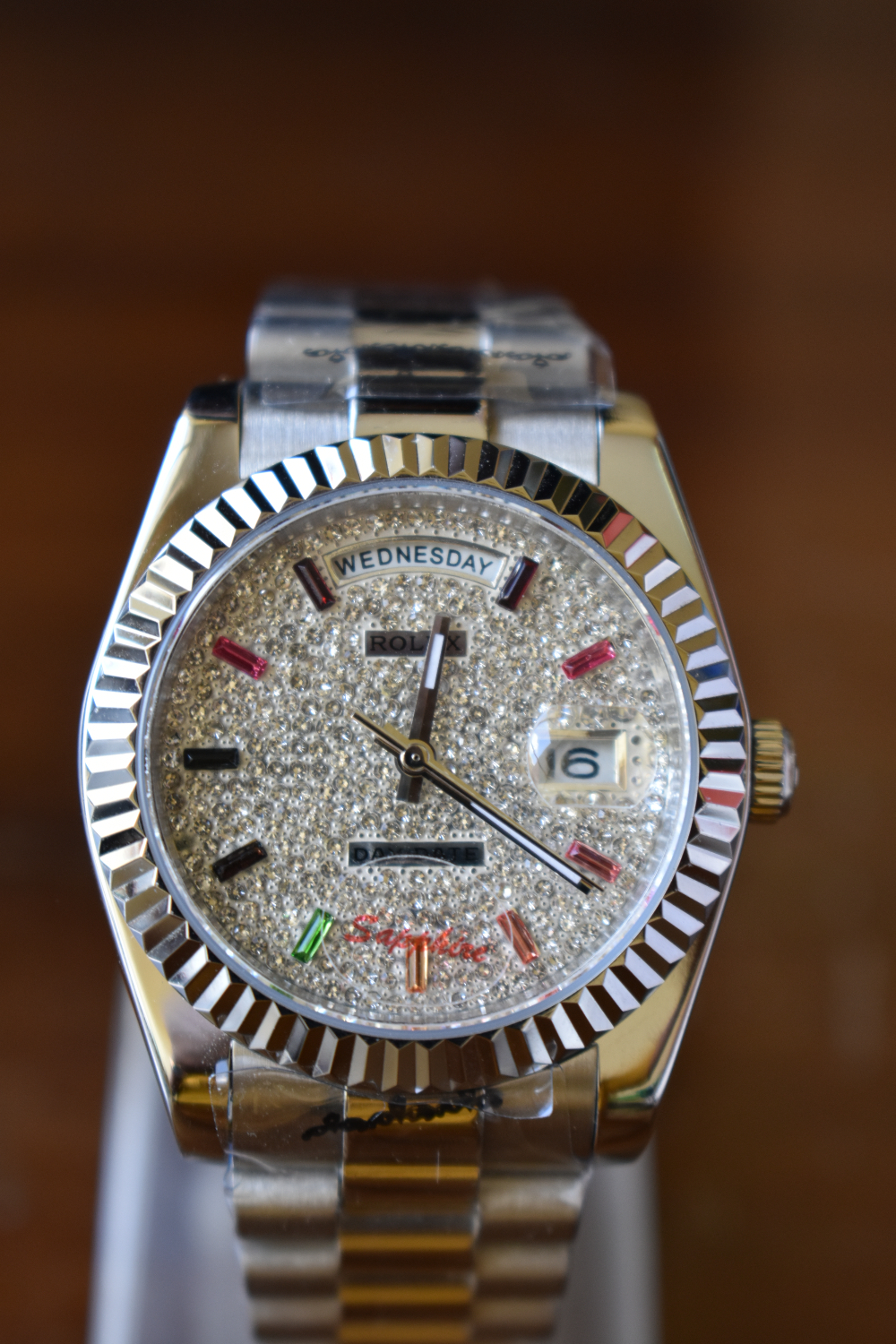 Rolex Day-Date Rainbow Pave Diamond Dial stainless steel President watch 128239 for sale in Nairobi,Kenya.